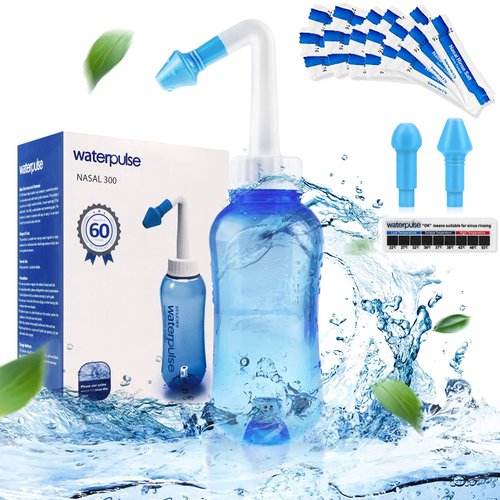 Waterpulse Neti Pot,Neti Pot Sinus Rinse,300ml Neti Pot Sinus Rinse Kit with 60 Packets Nasal Wash Salt and Thermometer Sticker for Adult &Children BPA Free (300ml with 60 Salt Packets)