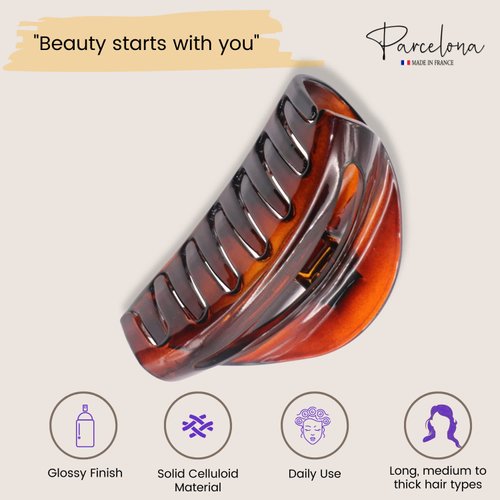 Parcelona French Vrille Medium 3.5" Celluloid No Slip Grip Volume Jaw Hair Claw Clips for Women and Girls, Made in France (Tortoise Shell)