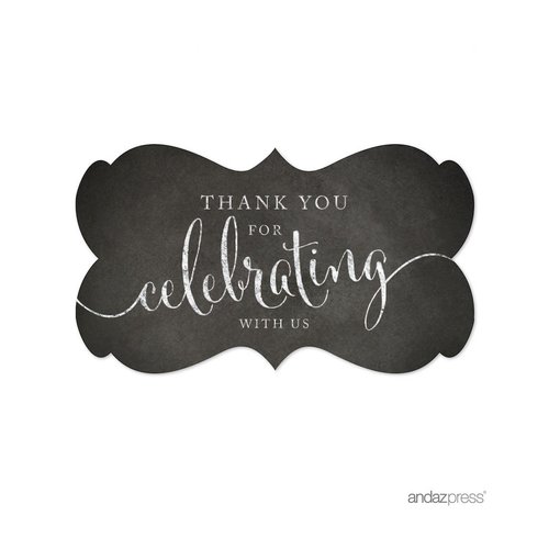 Andaz Press Fancy Frame Rectangular Label Stickers, Thank You for Celebrating with Us, Chalkboard Print, 36-Pack Wedding Decorations, Wedding Favors, Stickers for Packaging, Party Favor