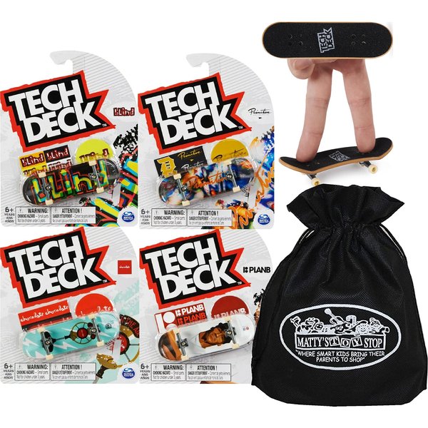 Tech Deck 96mm Individual Fingerboards Bundle with Matty's Toy Stop Storage Bag - Pack of 4 (Assorted Styles)