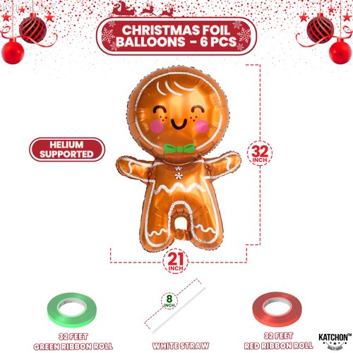 KatchOn, Big Merry Christmas Gingerbread Balloons - Pack of 6 | Gingerbread Man Balloon for Christmas Party Decorations | Christmas Foil Balloons for Christmas Decorations | Gingerbread Decorations