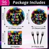 96Pcs Happy New Year Plates and Napkins Glow in the Dark Neon Tableware Set 2025 New Year Eve Party Decorations Disposable Paper Dinnerware Set Holiday Party Supplies for Kids and Adults Serves 24