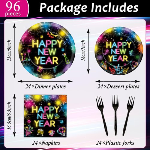 96Pcs Happy New Year Plates and Napkins Glow in the Dark Neon Tableware Set 2025 New Year Eve Party Decorations Disposable Paper Dinnerware Set Holiday Party Supplies for Kids and Adults Serves 24
