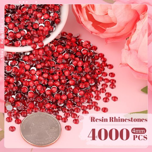4000PCS 4mm Resin Rhinestones in Bulk (Red), Bedazzling Flatback Crystals for Crafts DIY Nail Decoration, Gems Charms for Tumbler Shoes Clothing Fabric with Pickup Pen and Tweezers