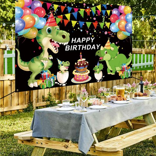 Renaiss 6x3.6ft Happy Birthday Banner Cartoon Dinosaur Birthday Party Decoration Dino Park Colorful Balloons Jurassic Birthday Poster Background for Kids Boy Girl Birthday Yard Sign Party Supplies
