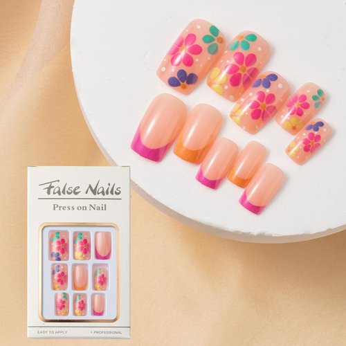 Pink French Tip Press on Nails Short Square Fake Nails With Colorful Flower Designs Cute Glossy Glue on Nails Acrylic Spring Summer Fake Nails Reusable Stick on Nails for Women Girls Daily Wear 24Pcs