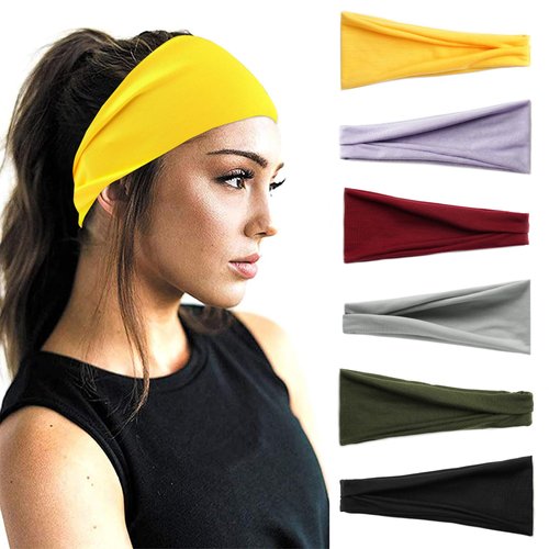 FULZTEY Fashion Headbands For Women Boho Wide Hair Band Solid Color Bandanas Stretchy Yoga Workout Sweat Bands Yellow Headwraps Soft Black Turban Cotton Hair Accessories For Girls 6 Pack