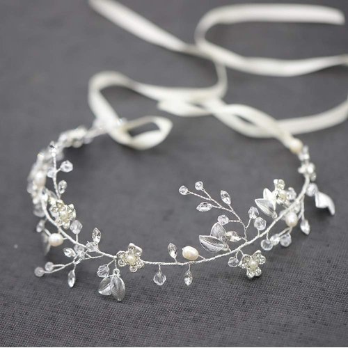 Oriamour Bridal Headpiece Wedding Crystal Headband With Leaves and Freshwater Pearl Hair Accessories For Bride Flower Girl (Silver)