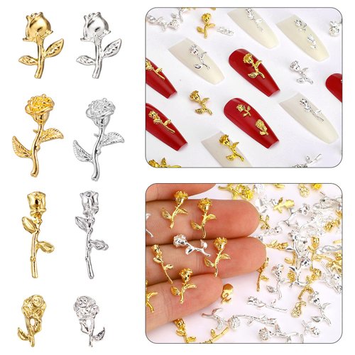 Noverlife 120PCS 3D Rose Nail Art Charms, Flowers Rose Buds/Blooming Nail Art Accessories Decoration, DIY Design Nail Art Decals Metallic Gold Alloy Mini Romantic Flowers for Girls Women