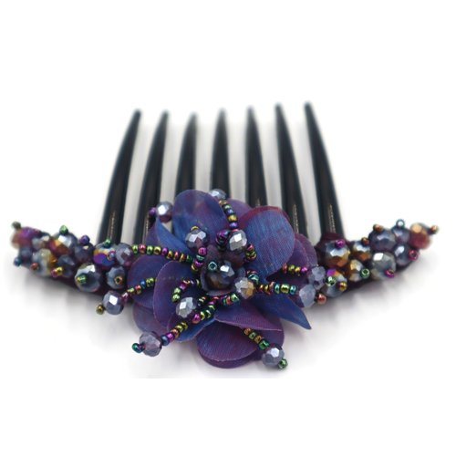 French twist hair comb Decorate Crystal with Flowers purple made ​​from fabric