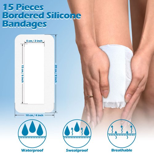 15 Pieces Bordered Gauze-Island Dressing Wound Bandage Sterile Adhesive Gauze Pads Patches Post Shower Breathable Borders Individually Packed Pouches Tapes (4 x 8 Inch)