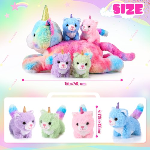 Harrycle 5 Pieces Caticorn Plush Toy Set 16 Inch Mommy Cat Unicorn Stuffed Animal with 4 Cute Plush Baby Kittens for Boys Girls Rainbow Caticorn Plush Set for Birthday Gifts Party Favors