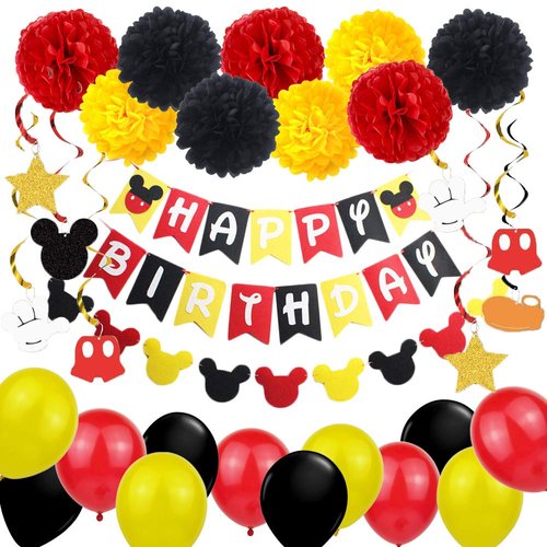 Layoon Mickey Birthday Party Decorations,Happy Birthday Banner,Pom Poms Flower Kits,Black Red Yellow Balloons Garland for Mouse Themed Party Supplies