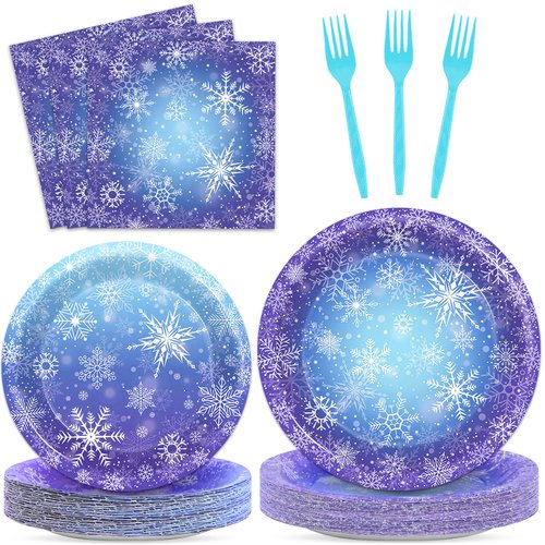 Naozinebi 96PCS Winter Snowflake Paper Plates Napkins Winter Wonderland Birthday Party Supplies Disposable Blue Purple Snowflake Dinnerware Tableware Set for Christmas Holiday New Year Party Decor