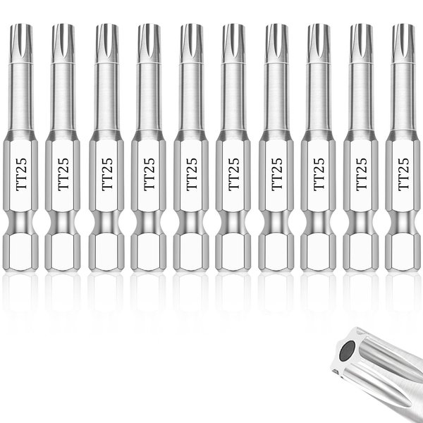 T25 Torx Bits(10-Pack 2 Inch), 1/4 Inch Hex Shank S2 Steel Magnetic Security Tamper Proof star 6 Point Screwdriver bit set