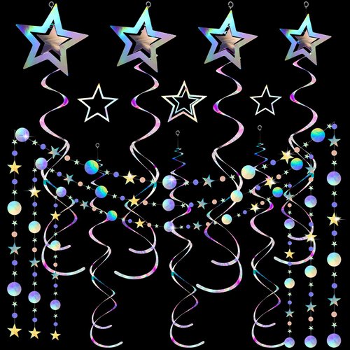 37 Pieces Iridescent Holographic Party Decorations Glitter Swirl Streamer Galaxy Garland Hanging Bling Twinkle Star Party Supplies Circle Dot Swirl Streamer for Wedding Disco Party Decorations