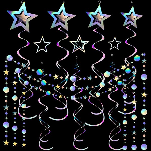 37 Pieces Iridescent Holographic Party Decorations Glitter Swirl Streamer Galaxy Garland Hanging Bling Twinkle Star Party Supplies Circle Dot Swirl Streamer for Wedding Disco Party Decorations