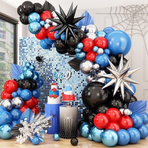 Blue Red Black Balloon Arch,Balloon Garland with Star Foil Balloons Metallic Sliver Balloons for Boys Baby Shower Superhero Spider Theme Birthday Party Decorations