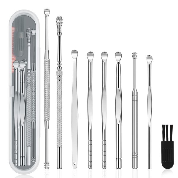 9 Pcs Ear Pick Earwax Removal Kit, Ear Cleansing Tool Set, Ear Wax Removal Tool, Ear Curette Ear Wax Remover Tool with a Cleaning Brush and Storage Box, Medical Grade, for Children and Adults,Silver