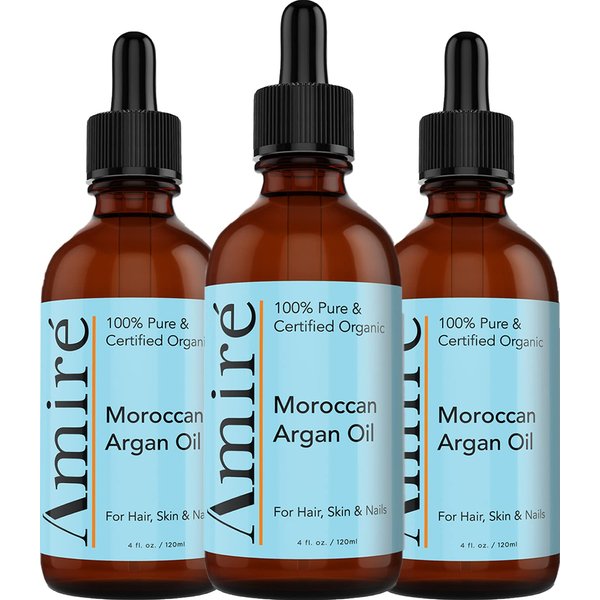 3 Pack of USDA Certified Organic Argan Oil 4oz, Triple Extra Virgin Grade Moroccan Argan Oil for Skin, Face, & Nails. Moisturizer. Scalp Treatment Hair Oil for Dry, Damaged, Brittle Hair.