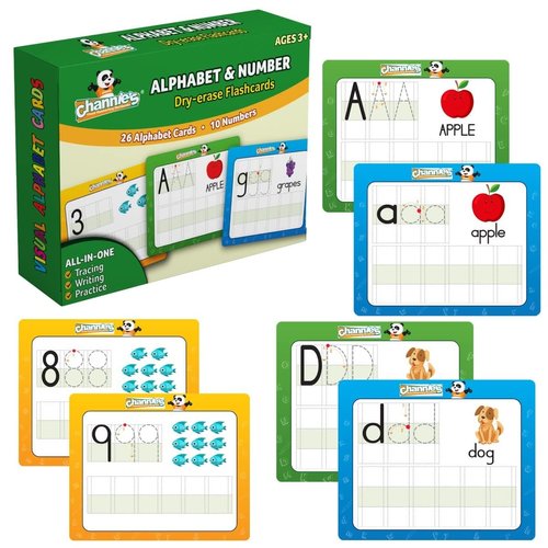 Channie's Dry Erase Alphabet/Number Flash Cards, 5.5W x 4.25 L x 0.25H, White, Model:B500