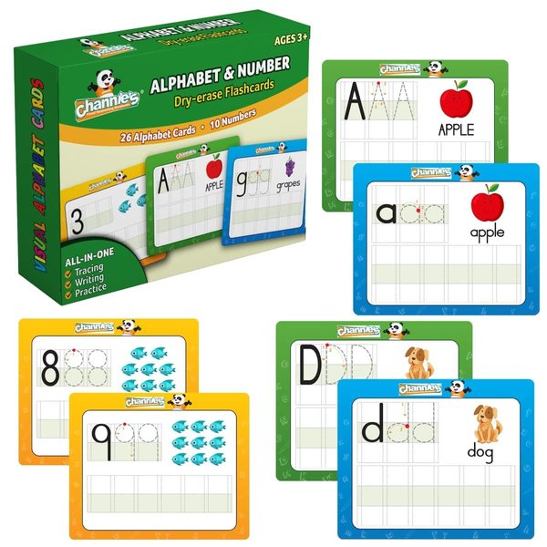 Channie's Dry Erase Alphabet/Number Flash Cards, 5.5W x 4.25 L x 0.25H, White, Model:B500