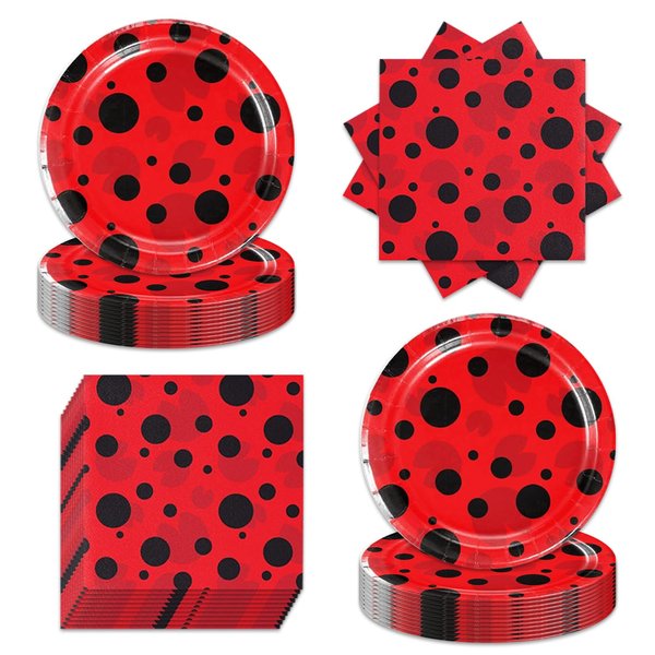 40Pcs Ladybug Birthday Party Supplies For 20 Guests - Disposable Tableware Red and Black Polka Dot Ladybug Plates Napkins, For Kids Ladybug Birthday Party Decorations