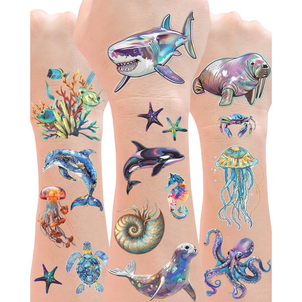 YanZonic 210Pcs Ocean Life Temporary Tattoos - Shark Tattoos Temporary for Kids, Whale Jellyfish Octopus Tattoo Non-Toxic, Under the Sea Party Decorations, Aquatic Marine,18 Sheets