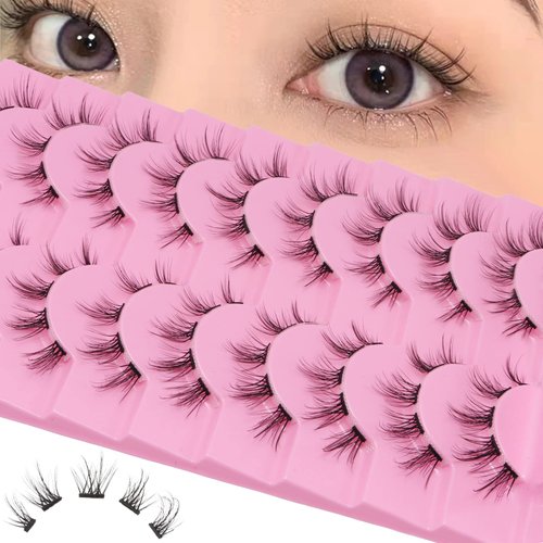 outopen 10 Pairs Cluster Lashes Natural Look Manga Lash Clusters C Curl Wispy Individual Eyelashes Cat Eye Lashes DIY Eyelash Extensions(B03-TM30)