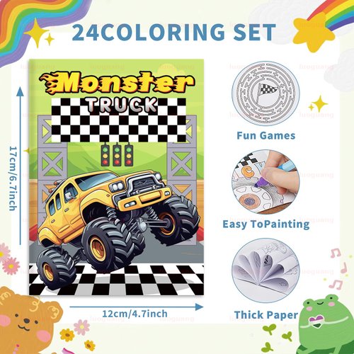 BenLouis 24 Monster Truck Mini Coloring Book Truck Birthday Themed Party Favor Activity Book Bulk for Kids Race Car Party Goodie Bags Stuffer Classroom Prizes Rewards Games Activities Supplies