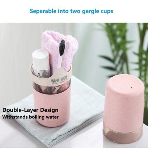 Travel Toothbrush Case & 2 Pack Gargle Cup, YEEHO Portable Electric Toothbrush Container Natural Wheat Straw Dual Holder Towel Toothpaste Organizer Storage for Outdoor Business Trip Wash,Pink