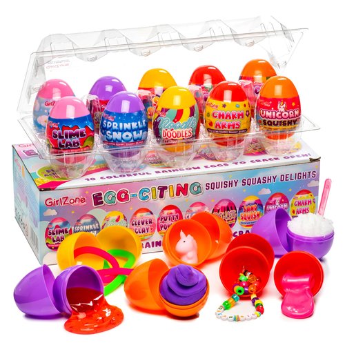 GirlZone Egg-Citing Squashy Delights, 10 Prefilled Easter Eggs with DIY Slime, Putty, Clay, Unicorn Squishy & Charm, Sensory Surprise Toys for Kids, Easter Gift for Boys and Girls