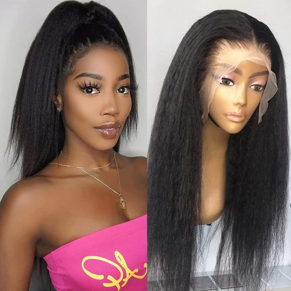 Eubeauty Kinky Straight 13x4 Lace Front Wigs Human Hair for Black Women Glueless Yaki Straight Lace Front Wigs Human Hair Pre Plucked with Baby Hair 180% Density Natural Black 18 Inch