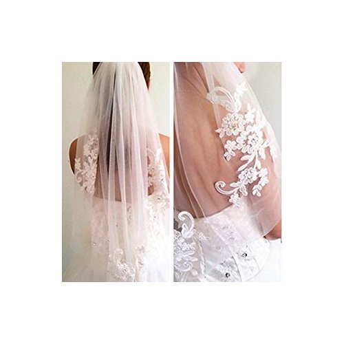 Kercisbeauty Bridal Lace Embroidery Hollow Out Flower White and Ivory Veil Drop Wedding with Hair Comb Crystal Beads Wide Lace Veil Chapel Veil Single Layer Veil Wedding Hair Accessories (Ivory)