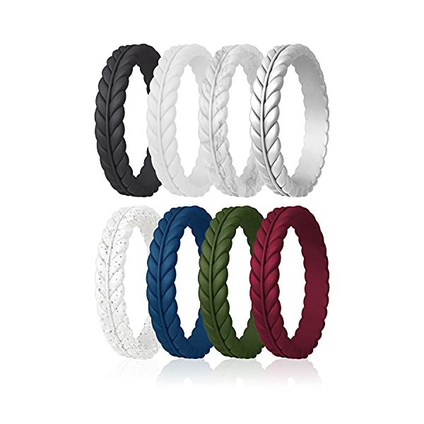 ROQ Silicone Rubber Wedding Ring for Women, Thin Lavender Leaves, Wedding Band, Bridal Jewelry Set, 4.5mm Wide 2mm Thick, 4 Pack, Black, White, Marble, Silver, Dark Blue, Dark Green, Bordeaux, Size 7