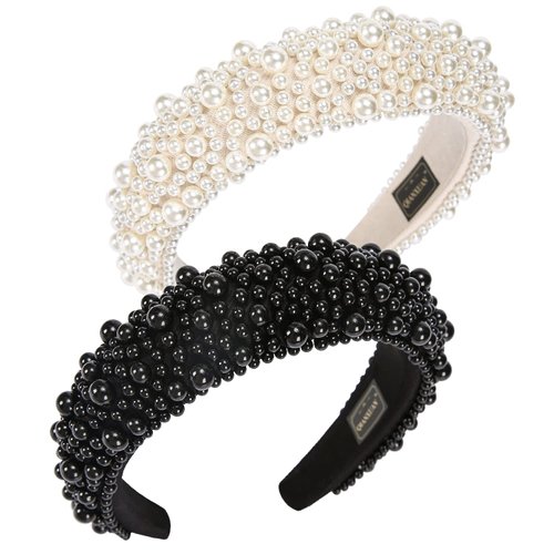 QIANXUAN Fashion Headbands For Women's Hair White Pearl Headbands For Girls Black Padded Headband Rhinestones Beading Pearls Hair Accessories Design Elegant Wide Hairbands