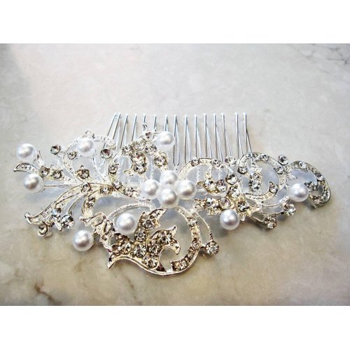 Generic Crystal and pearl silver hair comb barrette clip bridal clip silver bridal, 2
