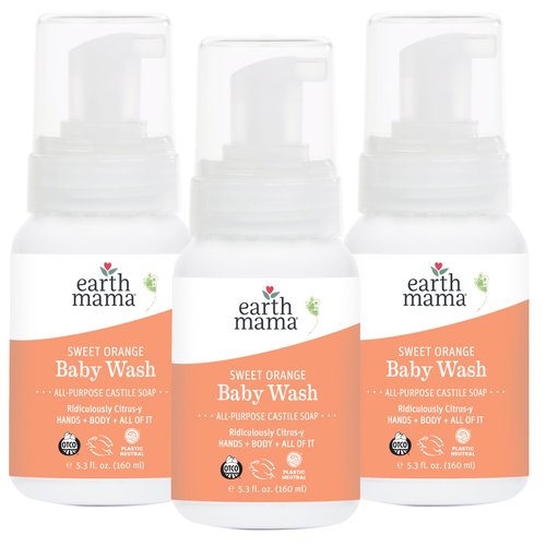 Earth Mama Sweet Orange Baby Wash Liquid Foaming Hand Soap, Organic All Purpose Body Wash for Sensitive Skin, Castile Soap with Coconut Oil, Shea Butter, Calendula, & Aloe, 5.3 fl oz (2-Pack)