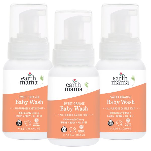 Earth Mama Sweet Orange Baby Wash Liquid Foaming Hand Soap, Organic All Purpose Body Wash for Sensitive Skin, Castile Soap with Coconut Oil, Shea Butter, Calendula, & Aloe, 5.3 fl oz (2-Pack)