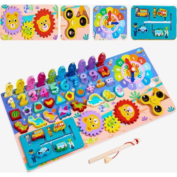 Wooden Number Puzzle Sorting Montessori Toy Busy Board for Toddlers |Shape Puzzle Matching Counting Fishing Game for Ages 2 3 4 5 Years Kids Math Stacking Preschool Educational Learning Activities Toy