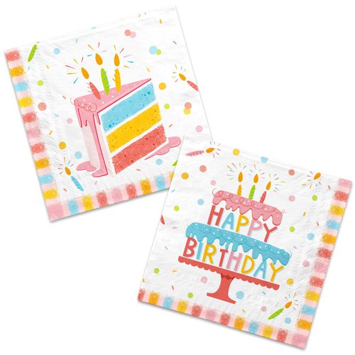 Happy Birthday Party Supplies Set - with Cake Design, Featuring Happy Birthday Cake Napkins, Suitable for Adults and Kids Birthday Decorations (6.5X6.5 in, 3-Ply Disposable, 50-Pack)