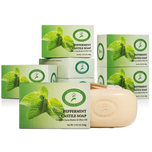 Carolina Castile Soap Vegan Peppermint Castile Bar Soap – 6 Bars of Natural Soap for Men, Women, and Kids – Gentle, Hydrating Castile Soap Bars with Organic Cocoa Butter and Olive Oil, 5 Oz. Each