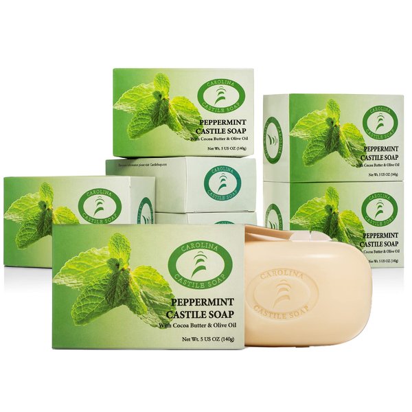 Carolina Castile Soap Vegan Peppermint Castile Bar Soap – 6 Bars of Natural Soap for Men, Women, and Kids – Gentle, Hydrating Castile Soap Bars with Organic Cocoa Butter and Olive Oil, 5 Oz. Each