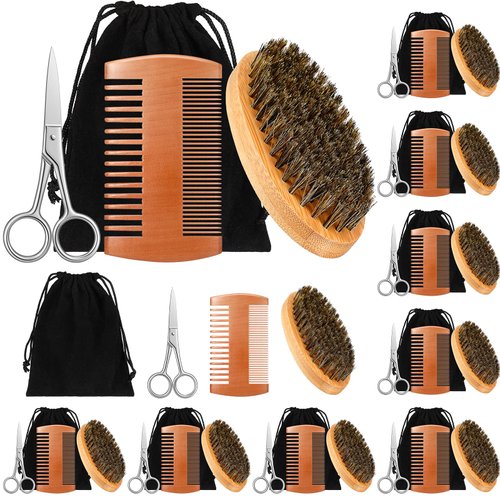 Maitys 10 Sets Beard Brush Comb Scissors Set for Men Natural Boar Bristle Brush Dual Action Pear Wood Comb with Wide Tooth Mustache Trimming Scissors with Travel Pouch, Straighten Soften Your Beard