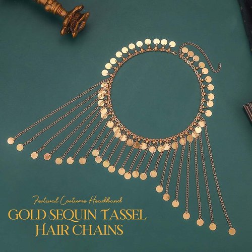 Aukmla Sequin Tassel Head Chain Gold Headpiece Hair Chains Festival Costume Headband Hair Accessories for Women