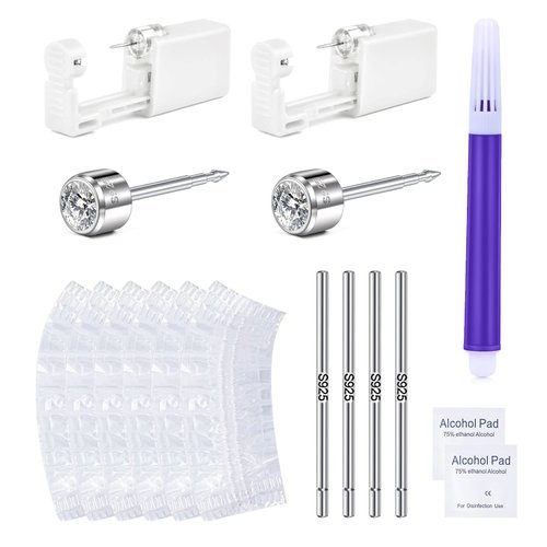 JIESIBAO 925 Ear Piercing Kit with Sterling Silver Diamond Earrings Stud,Self Ear Piercing Gun Kit Tool 925 Ear Stick for Piercing Aftercare and Disposable Waterproof Ear Cover 4mm CZ Earring Studs