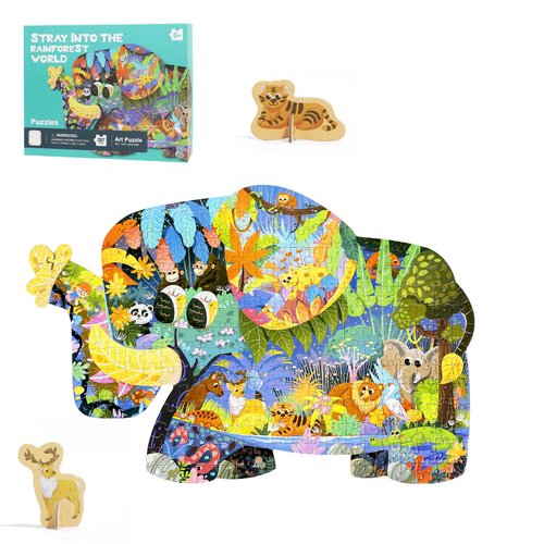 287 Piece Unique Shape Elephant Floor Puzzles for Kids Ages 6-8, Tropical Rainforest Animal Illustration Puzzles for Kids Ages 8-10 with Puzzle Sticker Sheets, Puzzles for Kids Ages 6-8