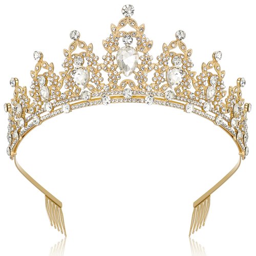 Makone Queen Crown and Tiara Princess Crown with Combs for Women and Girls Clear Crystal Headbands for Bridal, Gothic Halloween Costumes for Prom Halloween Accessories Wedding Birthday Party(Gold)