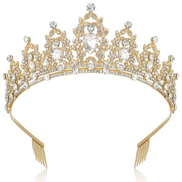 Makone Queen Crown and Tiara Princess Crown with Combs for Women and Girls Clear Crystal Headbands for Bridal, Gothic Halloween Costumes for Prom Halloween Accessories Wedding Birthday Party(Gold)