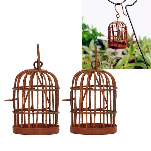 VBESTLIFE 1:12 Dollhouse Miniature Furniture Metal Bird Cage, 2Pcs Dollhouse Iron Birdcage Rusty Simulation Metal Bird Cage for Dollhouse Accessories